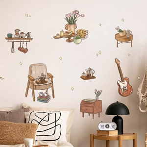 Adesivi murali vintage con chitarra, divano e fiori per decorazione camera da letto