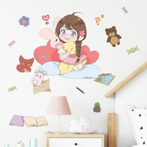 Cartoon wall stickers set featuring a cute girl, teddy bear and bunny for kids bedroom