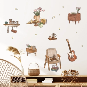 Adesivi murali vintage con divano chitarra e fiori per soggiorno e camera da letto