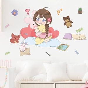 Cartoon girl and animals wall stickers set for children's room home wall decoration