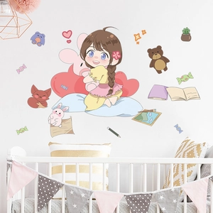 Cozy cartoon girl with animals wall stickers for nursery room decor on white wall