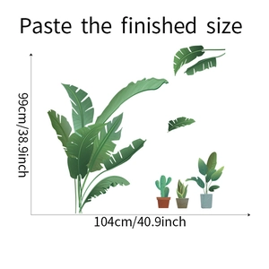 Detail showing tropical leaf and potted plant wall sticker dimensions and layout