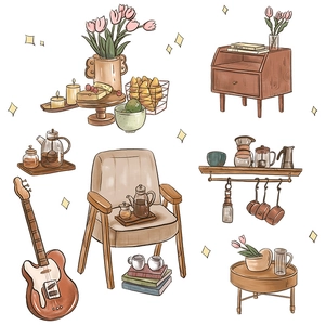 Adesivi murali retrò con illustrazioni di divano, chitarra e fiori decorativi