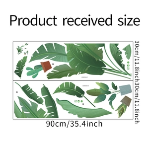Detail view of tropical green plant wall stickers with 90x30cm sheet size specifications