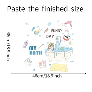 Detailed dimensions of cartoon girl bath wall stickers with bathroom scene elements