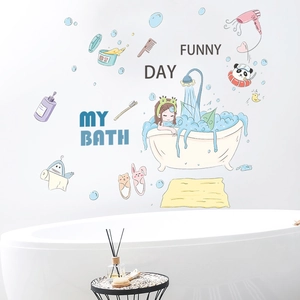 Detailed wall sticker scene showing a cute girl and panda bathing in a blue bathroom