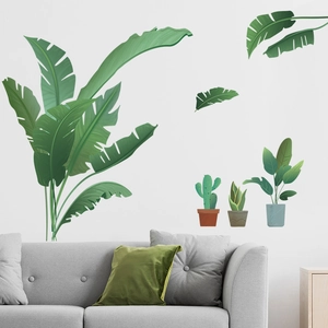 Tropical green leaf wall stickers with banana leaves and potted plants for living room decor