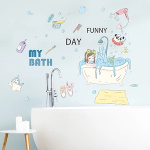 Cartoon girl bath wall stickers with animals and bubbles for bathroom decoration