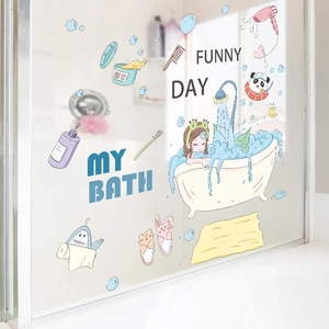 Cartoon girl bath wall decals set with panda and bubbles for bathroom glass decor