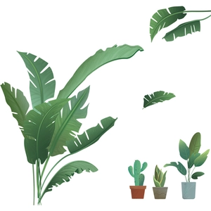 Tropical green leaf wall decals featuring banana leaves and potted cactus for home decor