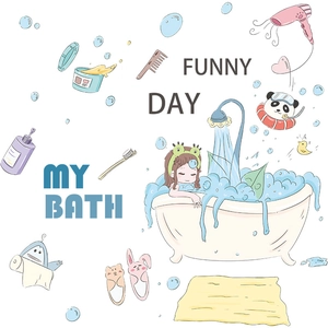Cartoon girl bath wall stickers with cute bathroom bubbles and accessories for kids
