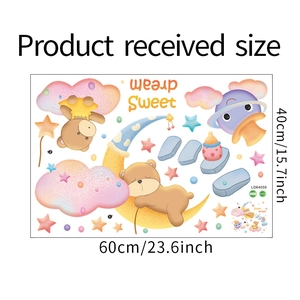 Detailed size chart showing a 60x40 cm PVC wall sticker with moon and bear designs