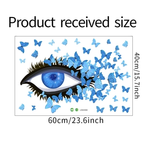 Detailed size chart showing 60x40cm blue eye and butterfly wall sticker dimensions