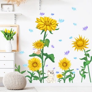 Dettaglio adesivi murali con girasoli cartone animato, gattini e farfalle colorate