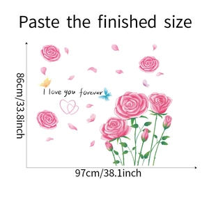 Dettaglio del set di adesivi murali rose rosa con testo I love you forever e misure