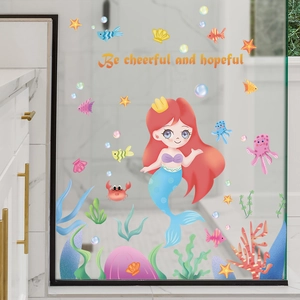 Stickers muraux sirène dessin animé avec poissons tropicaux et citation pour salle de bain