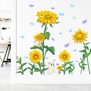 Adesivi murali con girasoli e gattini per decorazione fai-da-te camera bambini