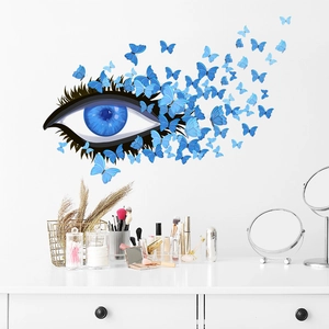 Artistic blue eye wall sticker with butterfly lashes for bedroom home decor ornament