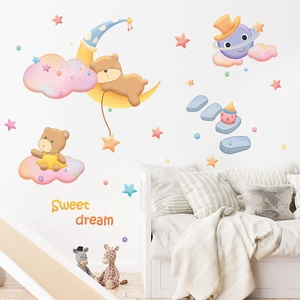 Cartoon teddy bear on moon and stars wall decals for kids room with Sweet Dream text