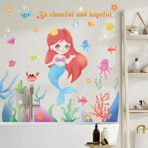 Stickers muraux sirène de dessin animé avec poissons pour déco chambre d'enfant