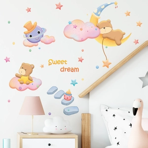 Cartoon moon and bear wall stickers for nursery decor featuring stars and sweet dream text