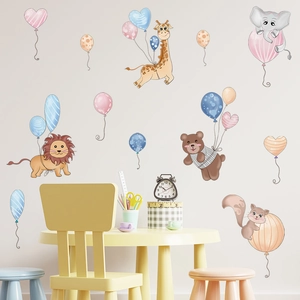 Cartoon animal wall decals with giraffe elephant and balloons for kids room decoration