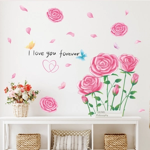 Adesivo murale con rose rosa, farfalle e scritta 'I love you forever' per pareti