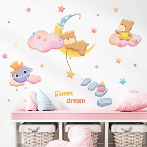 Cartoon bears on crescent moon wall stickers for nursery decor with Sweet Dream text