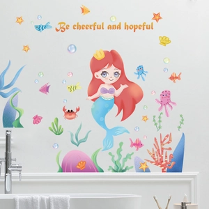 Stickers Muraux Thème Océan Sirène pour Salle de Bain Enfants PVC Imperméable Décalcomanies Vie Marine pour Décoration Chambre
