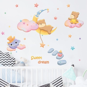 Cartoon bear on moon and stars wall decals for nursery, sweet dream theme decor