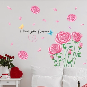 Adesivi murali con rose rosa e scritta I love you forever per arredo camera da letto