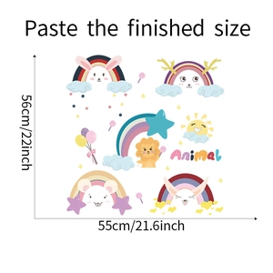 Detailed size guide for cartoon animal rainbow wall stickers showing final paste dimensions