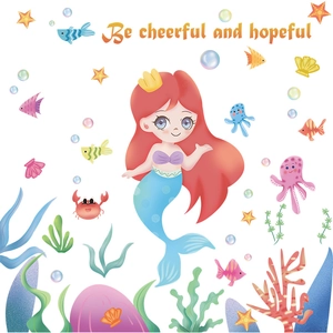 Stickers muraux sirène de dessin animé avec poissons colorés et créatures pour enfants