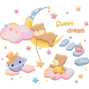 Cute bear sleeping on moon and pink clouds wall decal set for nursery decoration