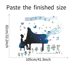 Wall decal detailing piano girl silhouette with musical notes and 105x82cm dimensions