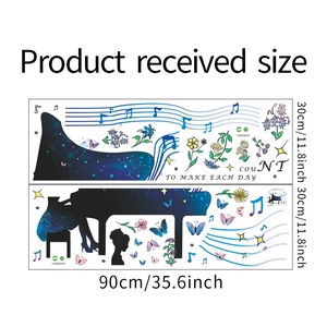 Detail view showing piano girl wall sticker sheet dimensions 90x30cm with floral patterns