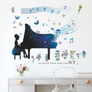 Piano girl wall sticker with colorful flowers and musical notes for living room decor