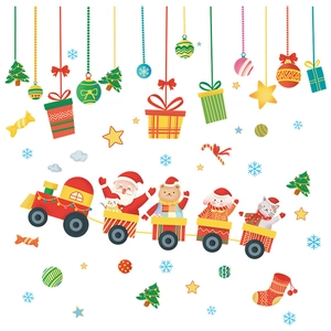 Cartoon Santa Claus train wall stickers with colorful Christmas ornaments for window decor