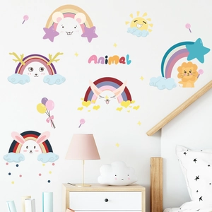 Cartoon Rainbow Animal Wall Sticker PVC Nursery Wall Decal For Kids Room Bedroom Kindergarten Home Decor Aesthetic Poster