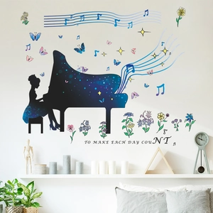 Piano girl silhouette wall sticker with musical notes and flowers for living room decor
