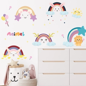 Cartoon rainbow animal wall stickers for kids nursery decor featuring lions and rabbits