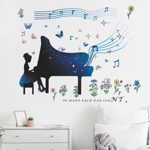 Piano girl wall decal with music notes and floral elements for bedroom wall decor