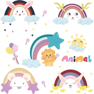 Cute animal wall stickers with cartoon lions and rainbows for kids room decoration