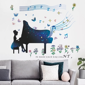 Musical Piano Girl Silhouette Wall Sticker Starry Sky Butterfly Flower Music Note Decal For Bedroom Living Room Home Decor
