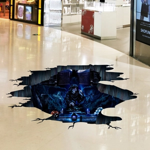 3D Halloween floor decal featuring a grim reaper and pumpkins on marble ground