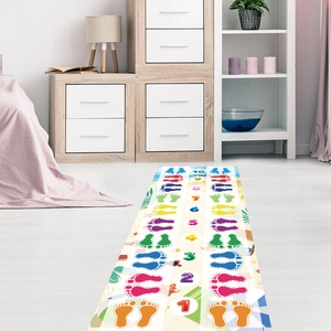 Detail of hopscotch floor decal featuring colorful numbers and beach ocean elements