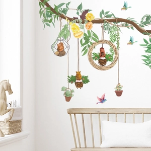 Adesivo da Parete Cartone Animato Scoiattolo Ramo d'Albero Uccelli Animali Foresta Piante PVC Autoadesivo Murale per Soggiorno Camera da Letto