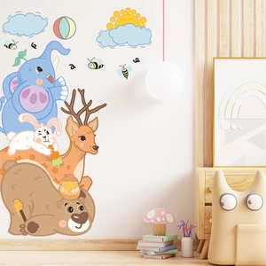 Cartoon animal wall stickers with elephant, deer and bear for kids room wall decoration