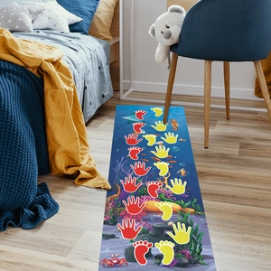 Ocean themed kids floor mat with sea animals and interactive hand foot prints