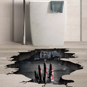3D Halloween floor sticker featuring a creepy skeleton hand in a cracked wall hole